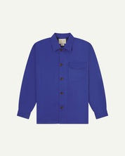 Front flat shot of ultra blue buttoned 3003 workshirt from Uskees. Showing chest pocket with flap and corozo buttons.