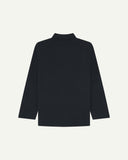 Reverse of dark blue (blueberry) buttoned organic cotton drill overshirt from Uskees. Showing reinforced elbows and boxy silhouette.