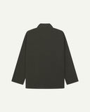 Back view of green-brown (seaweed), buttoned corduroy overshirt with view of reinforced elbow area and boxy silhouette.