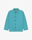 Front flat shot of turquoise blue Uskees overshirt with brown buttons on a light gray background