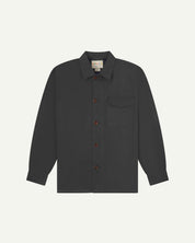 Front flat view of dark grey buttoned 3003 workshirt from Uskees. Showing breast pocket, navy yoke lining and brown corozo buttons