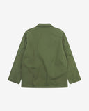 Reverse of coriander-green buttoned organic cotton-twill blazer from Uskees showing reinforced elbows and boxy silhouette.