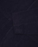 Close-up view of cuff and placket of organic corduroy, midnight blue blazer from Uskees.