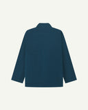 Flat back view of men's corduroy petrol blue blazer from Uskees with view of reinforced elbows.