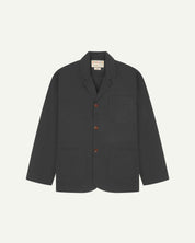 Full front flat view of charcoal organic cotton blazer with 3 patch pockets from Uskees.