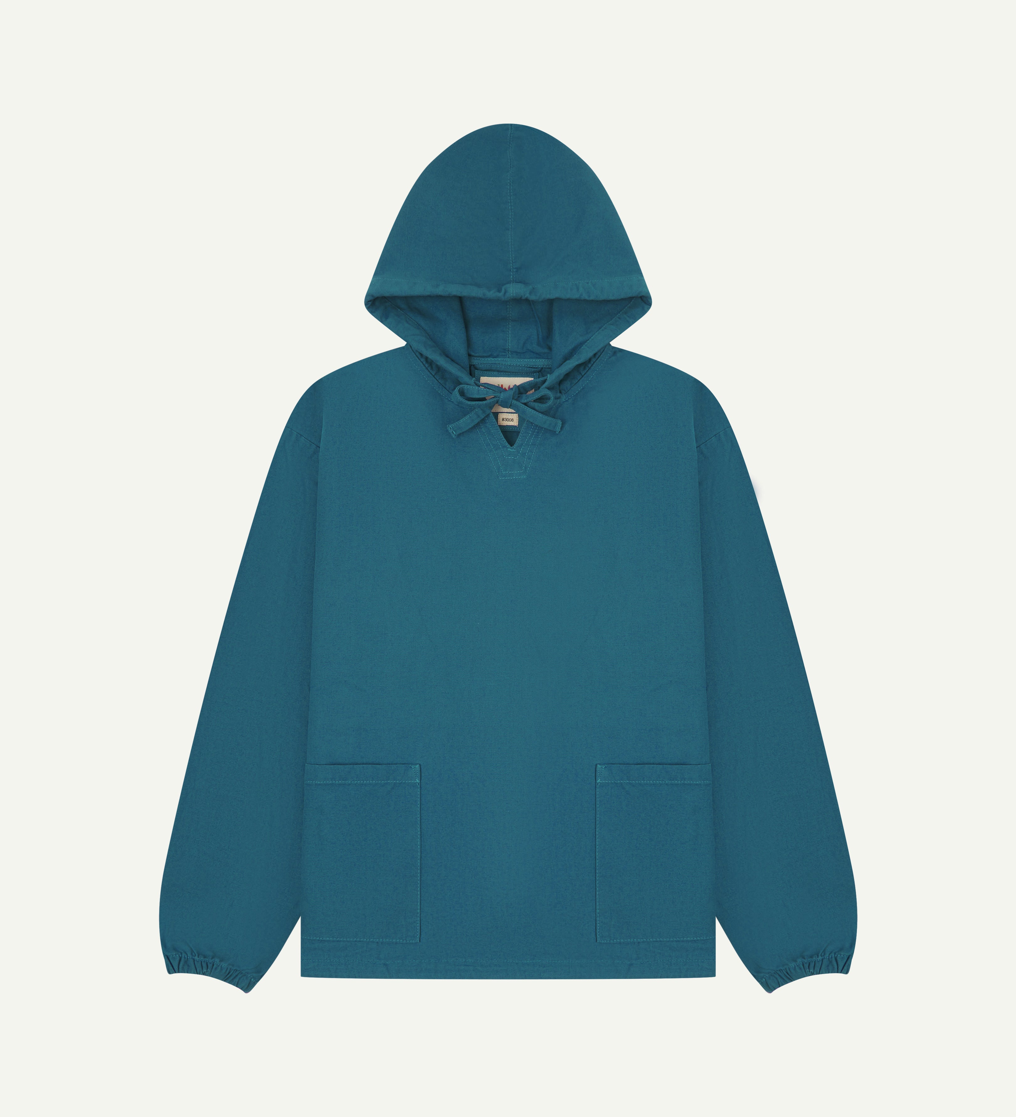 front flat shot of uskees mid-blue men's organic cotton smock showing hood and 2 front pockets