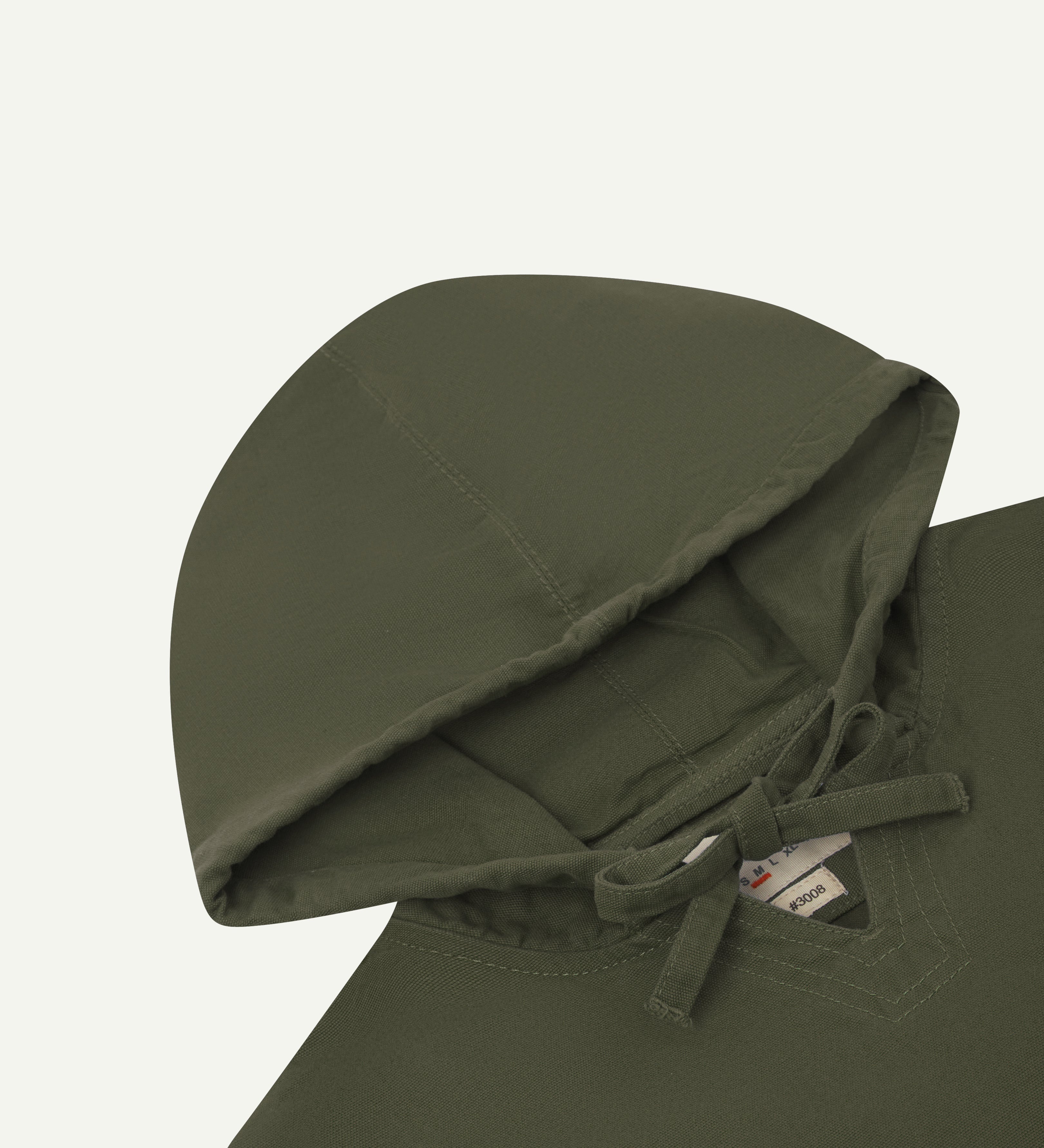 front flat close-up shot of uskees dark green men's organic cotton smock showing hood and ties