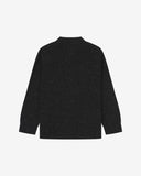 Flat back view of knitted organic cotton black collared cardigan from Uskees with view of ribbed cuffs and waistband.