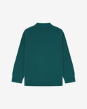 Flat back view of knitted organic cotton foam green collared cardigan from Uskees with view of ribbed cuffs and waistband.