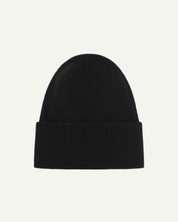 Flat view of Uskees 4004 black wool hat, showing a clear view of the adjustable cuff and the ribbed texture of the hat.