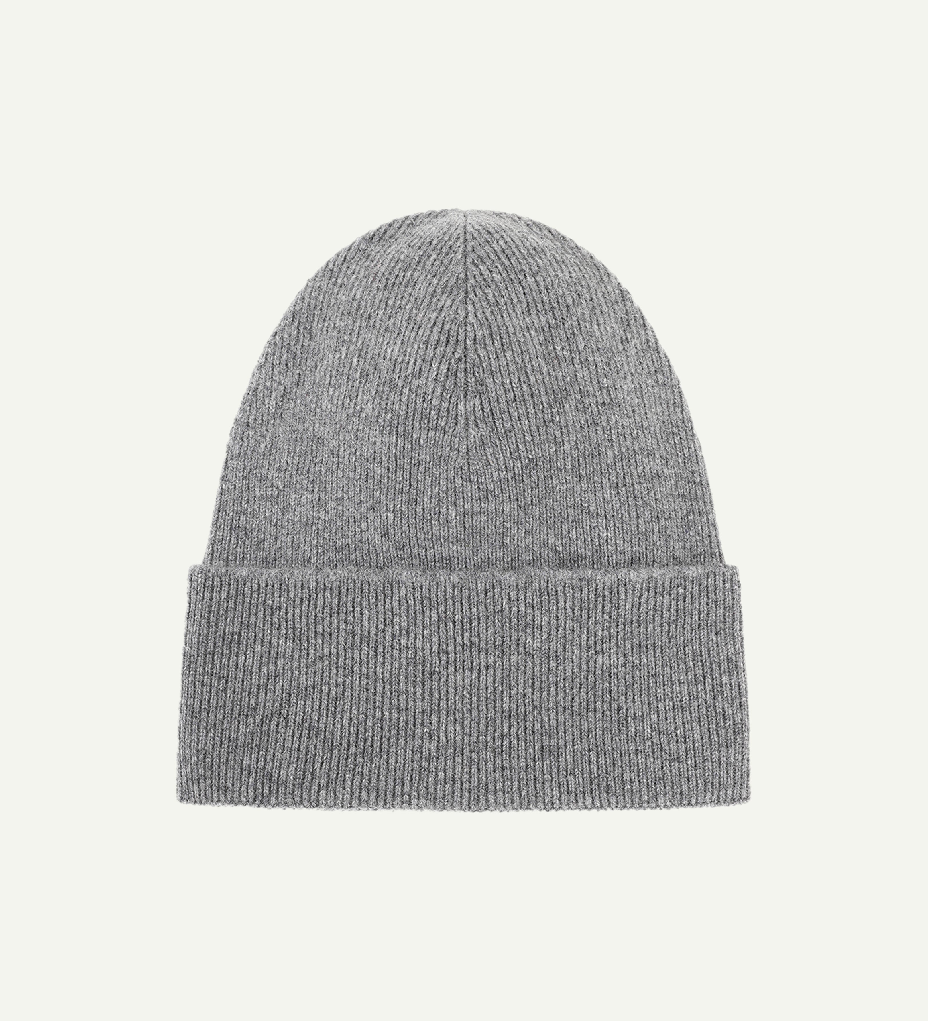 Flat view of Uskees 4004 grey wool hat, showing a clear view of the adjustable cuff and the ribbed texture of this light grey hat.