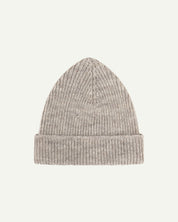 Flat view of Uskees 4005 undyed 'oat' soft beige coloured wool hat, with clear view of adjustable cuff.