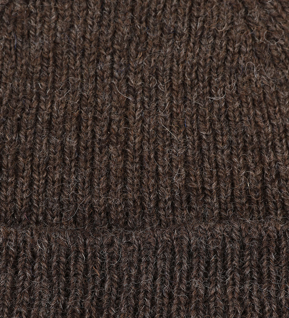Close-up view of Uskees 4005 'bran' brownish wool hat, showing the texture of the Bluefaced Leicester and Masham wool blend.