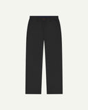 Front flat view of 5005 Uskees men's organic cotton black casual trousers with view of YKK zip fly and Corozo buttons.