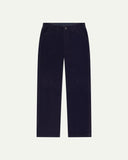 Front flat view of 5005 Uskees men's organic corduroy 'midnight blue' casual trousers with view of YKK zip fly and Corozo buttons.