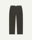 Front flat view of 5005 Uskees men's organic corduroy green-brown (seaweed) workwear pants with view of YKK zip fly and Corozo buttons.