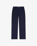 Front flat shot of uskees corduroy trousers in dark blue.