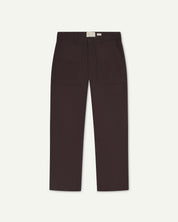 Front flat shot of uskees dark plum colour  drill trousers for men showing label at waistband