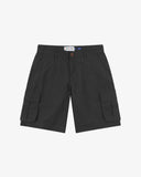 Front view of black 5023 men's ripstop cargo shorts by Uskees. Clear view of zip fly, large cargo pockets, side pockets and 'hidden' zip pocket.