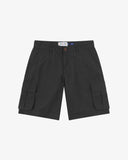 Front view of black 5023 men's ripstop cargo shorts by Uskees. Clear view of zip fly, large cargo pockets, side pockets and 'hidden' zip pocket.