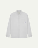 Flat front view of white organic cotton Oxford shirt from Uskees. Clearly showing loose fit and 8-button front.