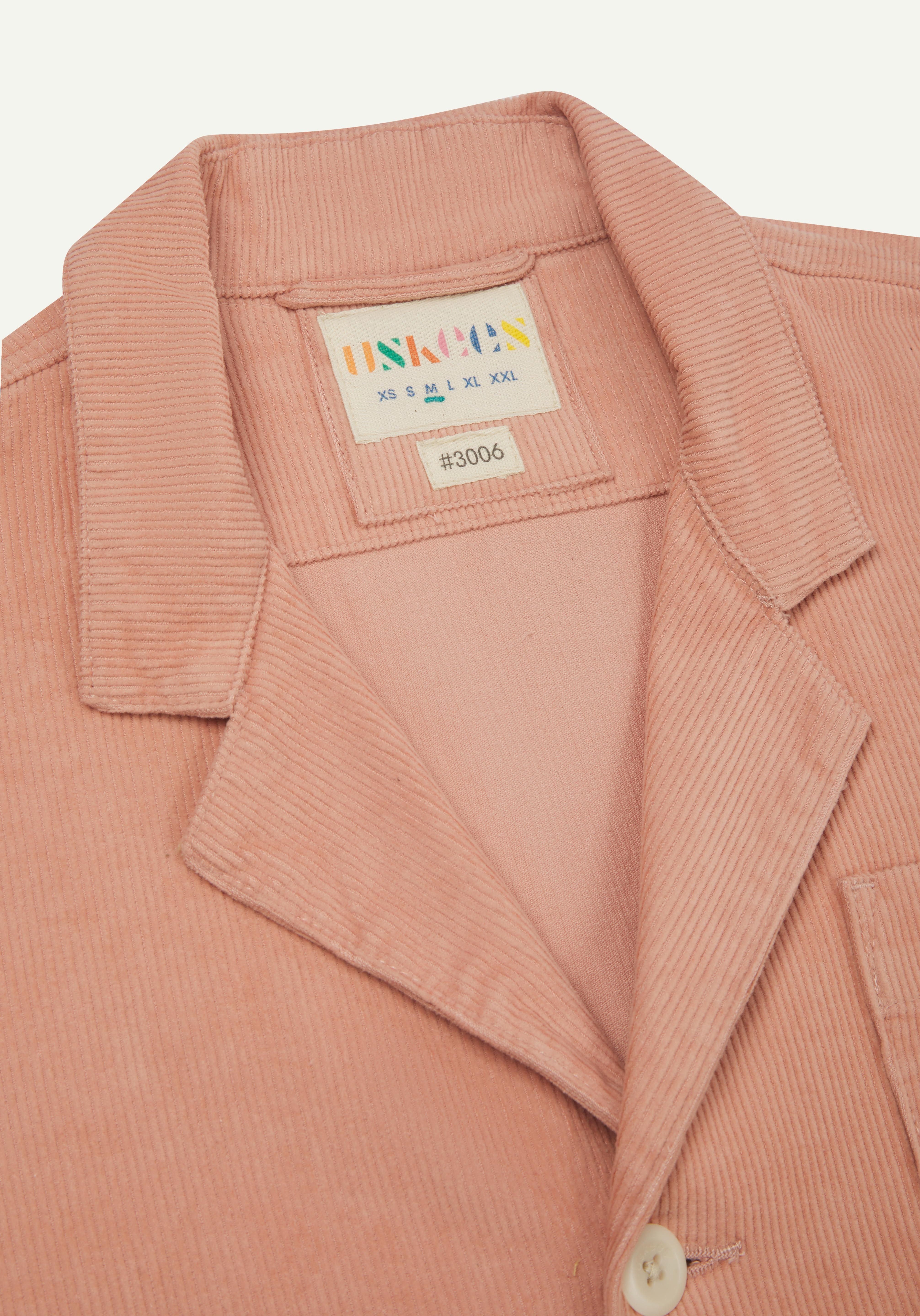 Uskees pink corduroy men's blazer close-up of collar and brand label