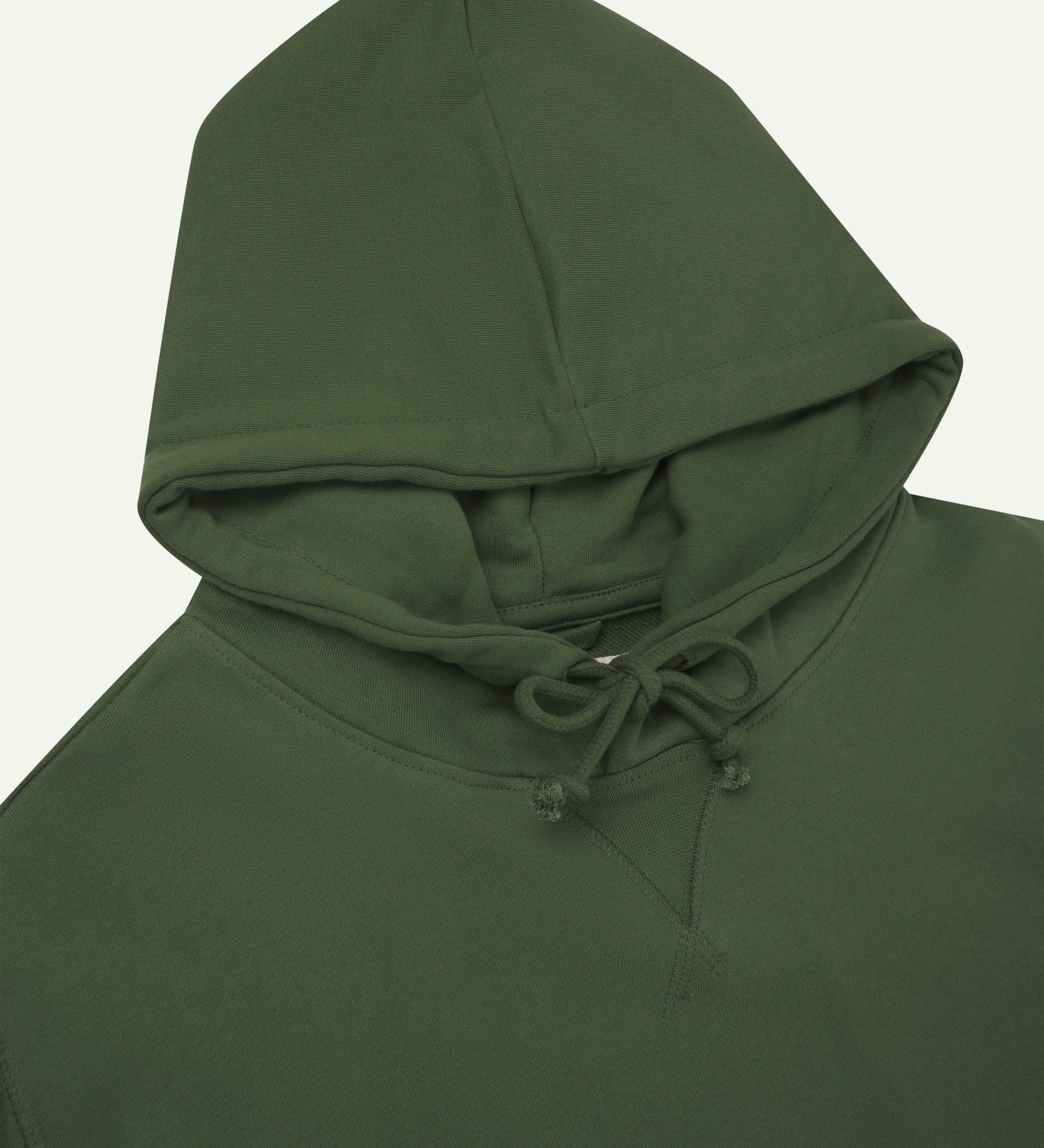Front close-up view of uskees green hoodie for men showing ties at neck  and decorative V pattern.