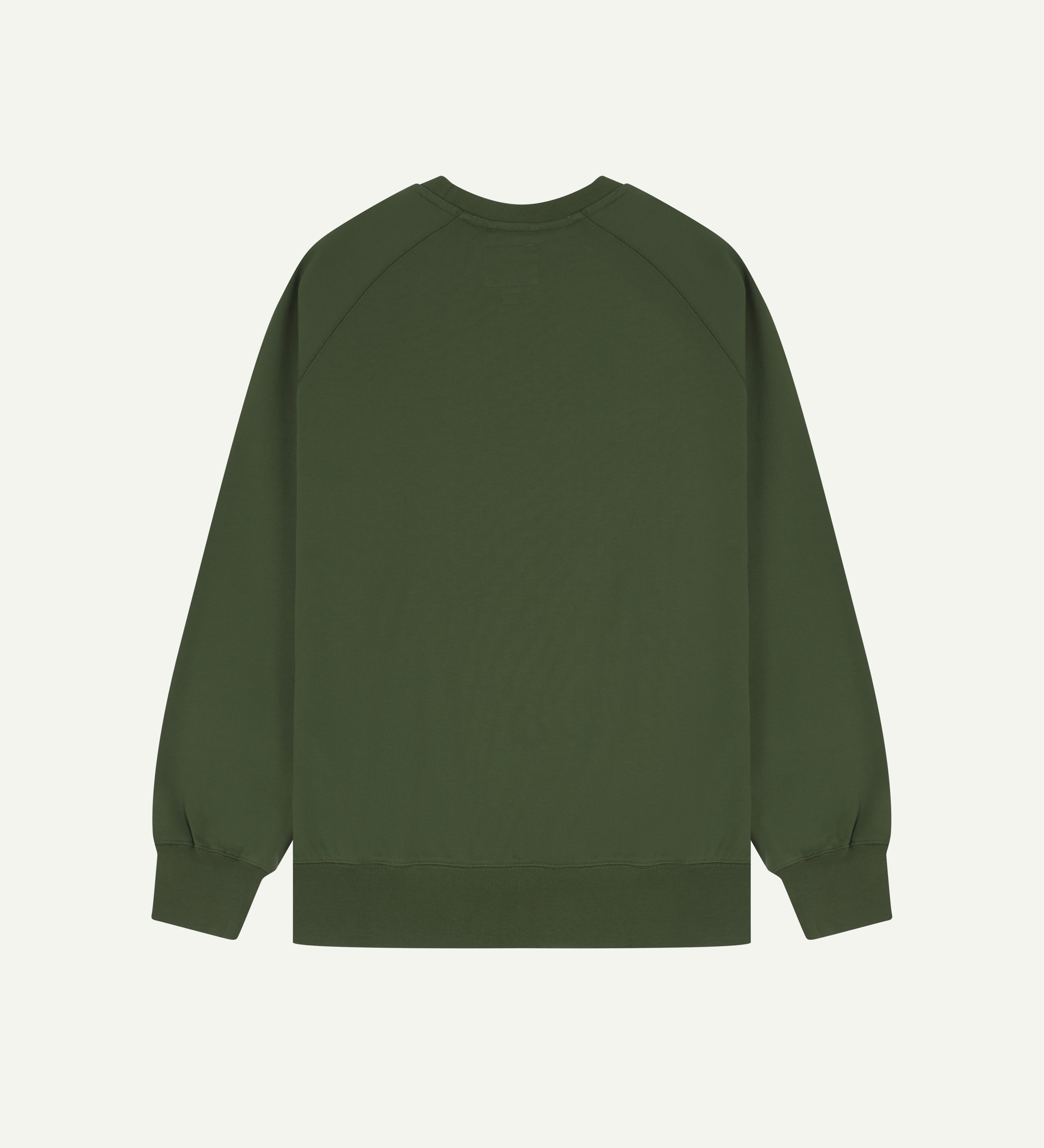 Back view of men's green organic heavyweight cotton #7005 jersey sweatshirt by Uskees