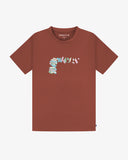 Uskees brown men's t-shirt with colourful graphic design on a white background