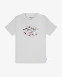 Flat shot of Uskees white graphic t-shirt for men showing the pink and black stones graphic.
