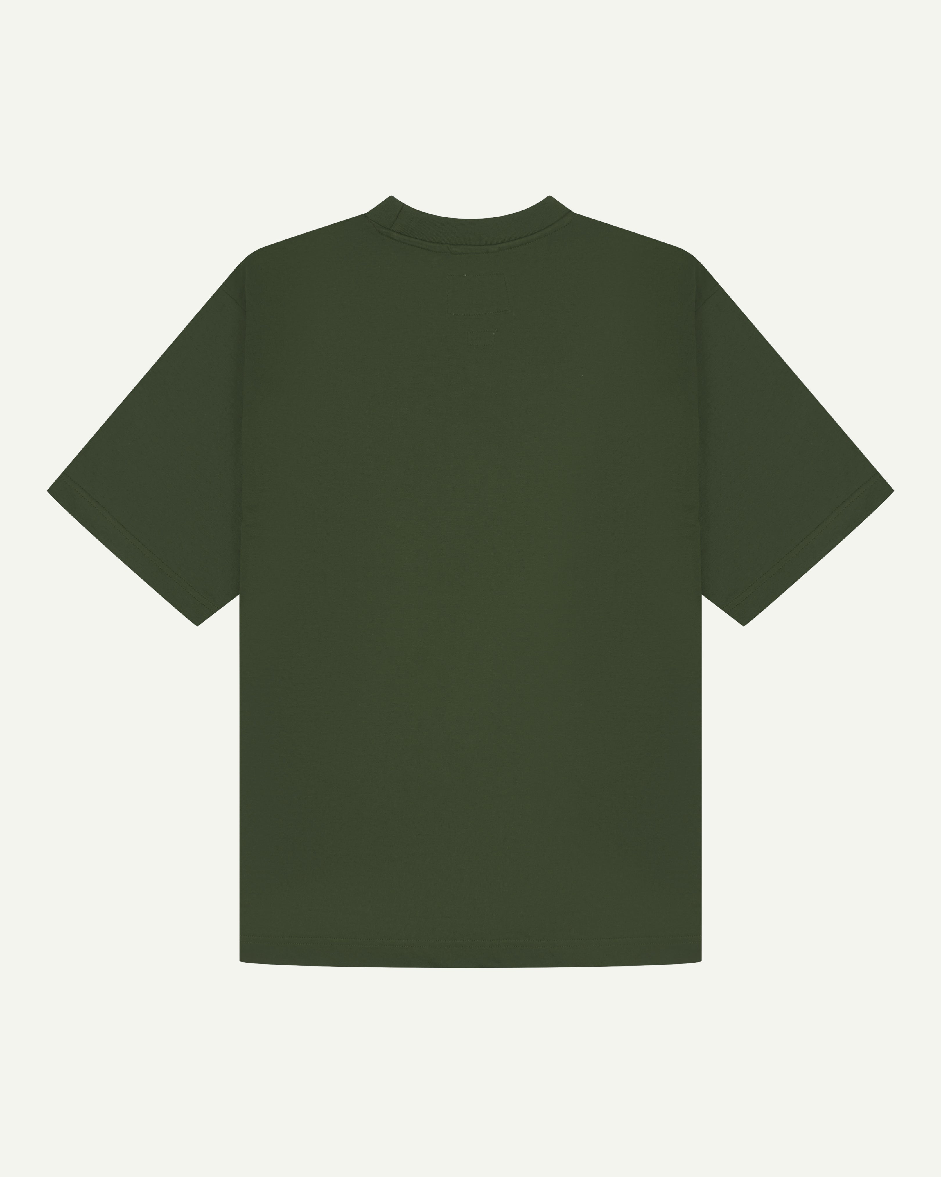Back flat view of mid-green oversized  organic cotton Tee for men by Uskees 