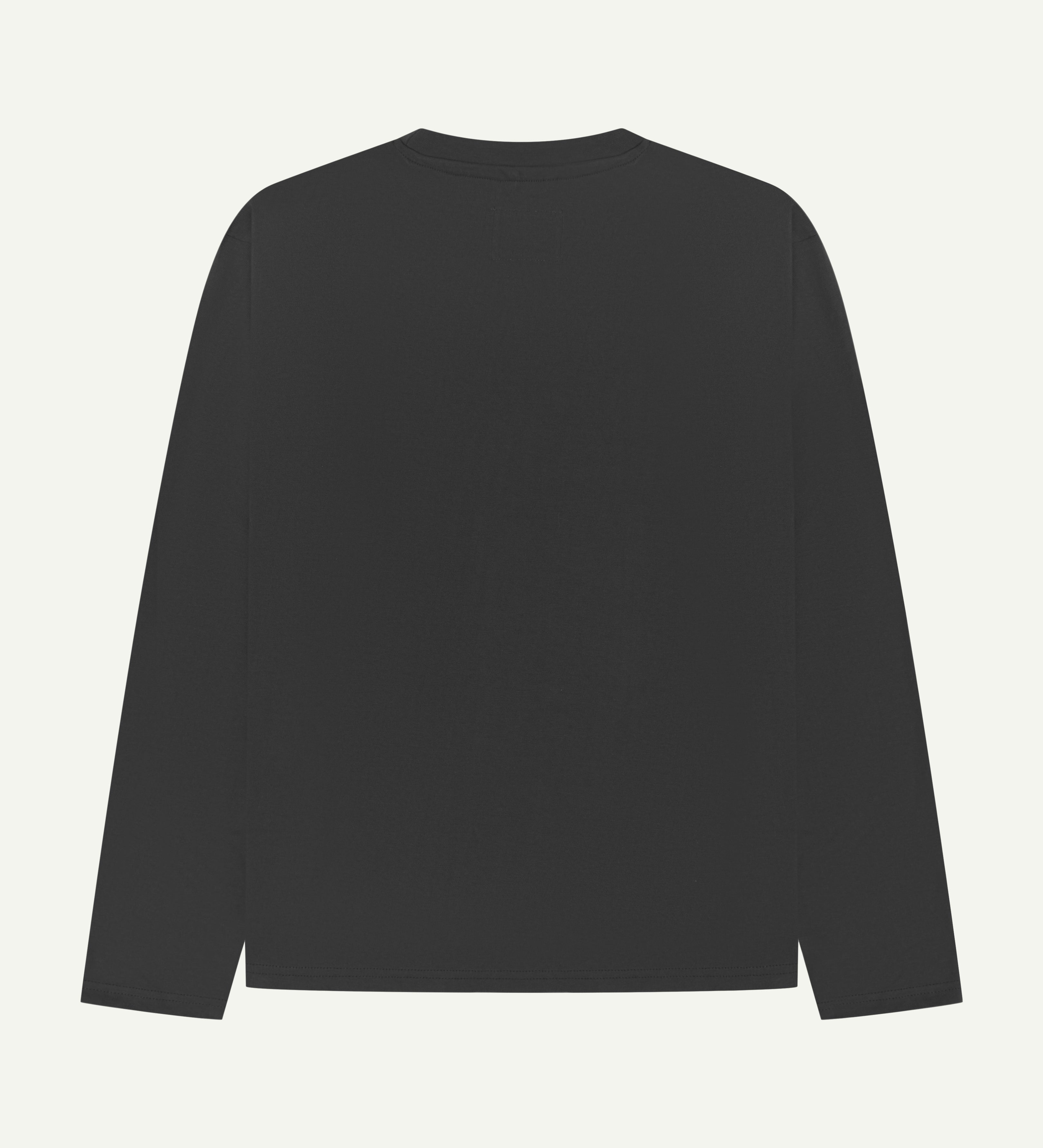 Back flat shot of long sleeve Uskees t-shirt in faded black made from soft organic cotton jersey