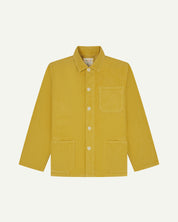 front flat shot of acid yellow coloured, buttoned corduroy overshirt from Uskees. Clear view of corozo buttons, chest and hip pockets.