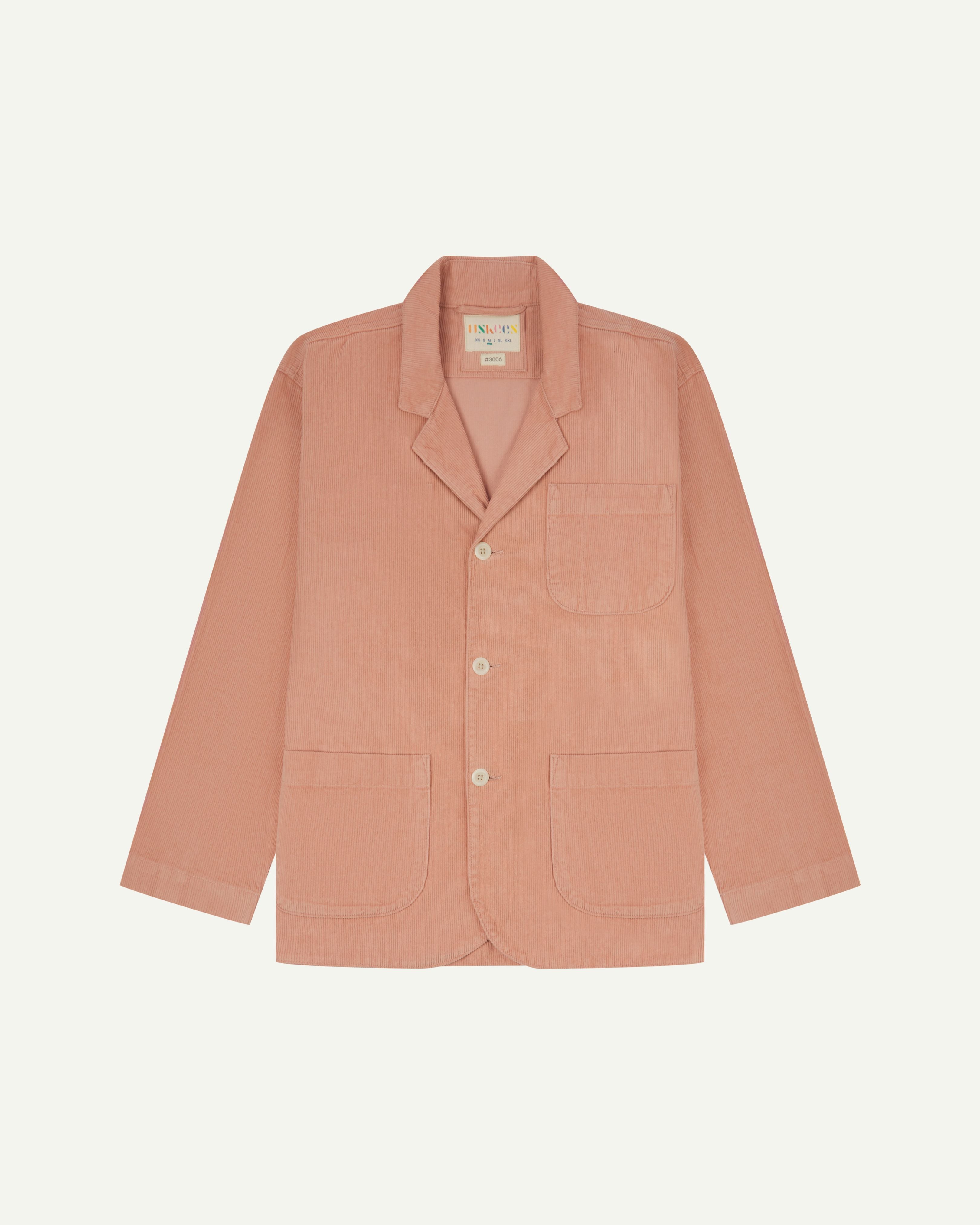 Front flat shot of Uskees pale pink corduroy men's blazer buttoned up