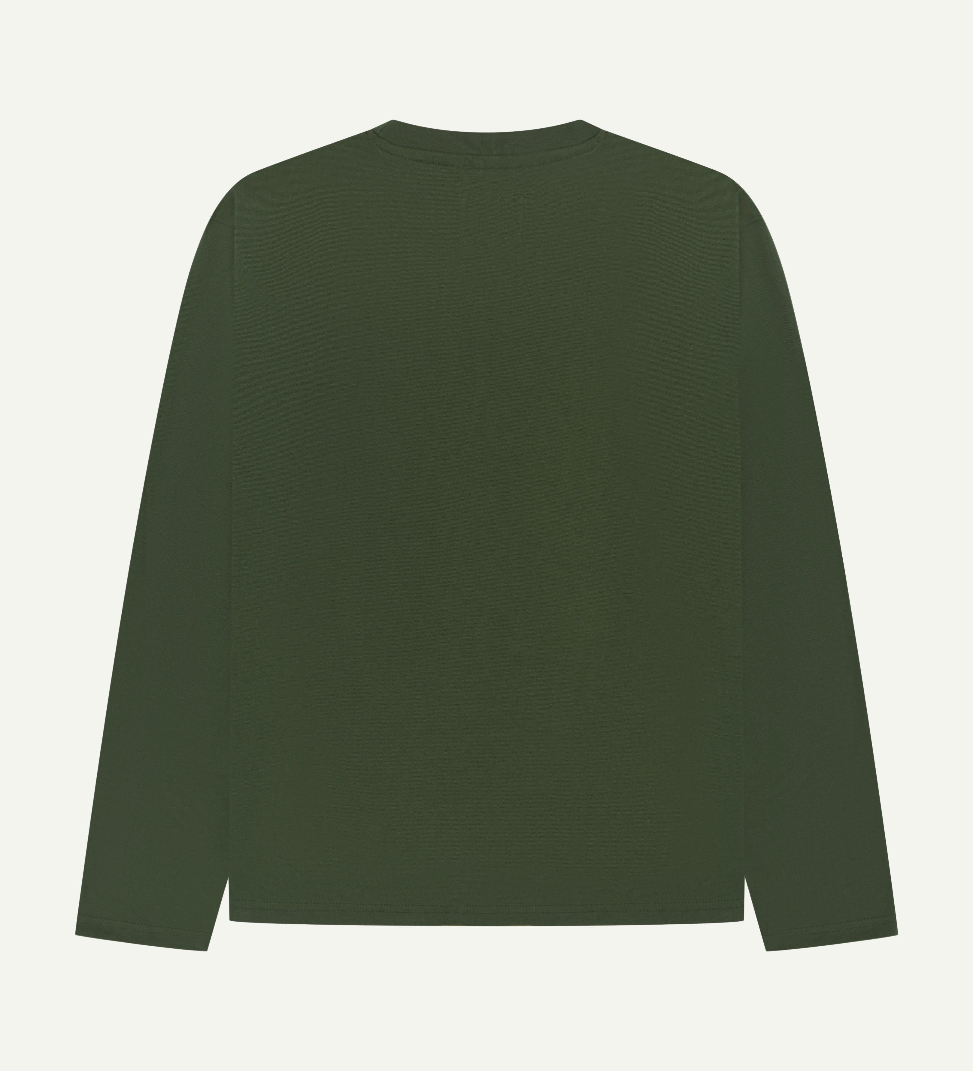 Back flat shot of long sleeve Uskees t-shirt in coriander green made from soft organic cotton jersey