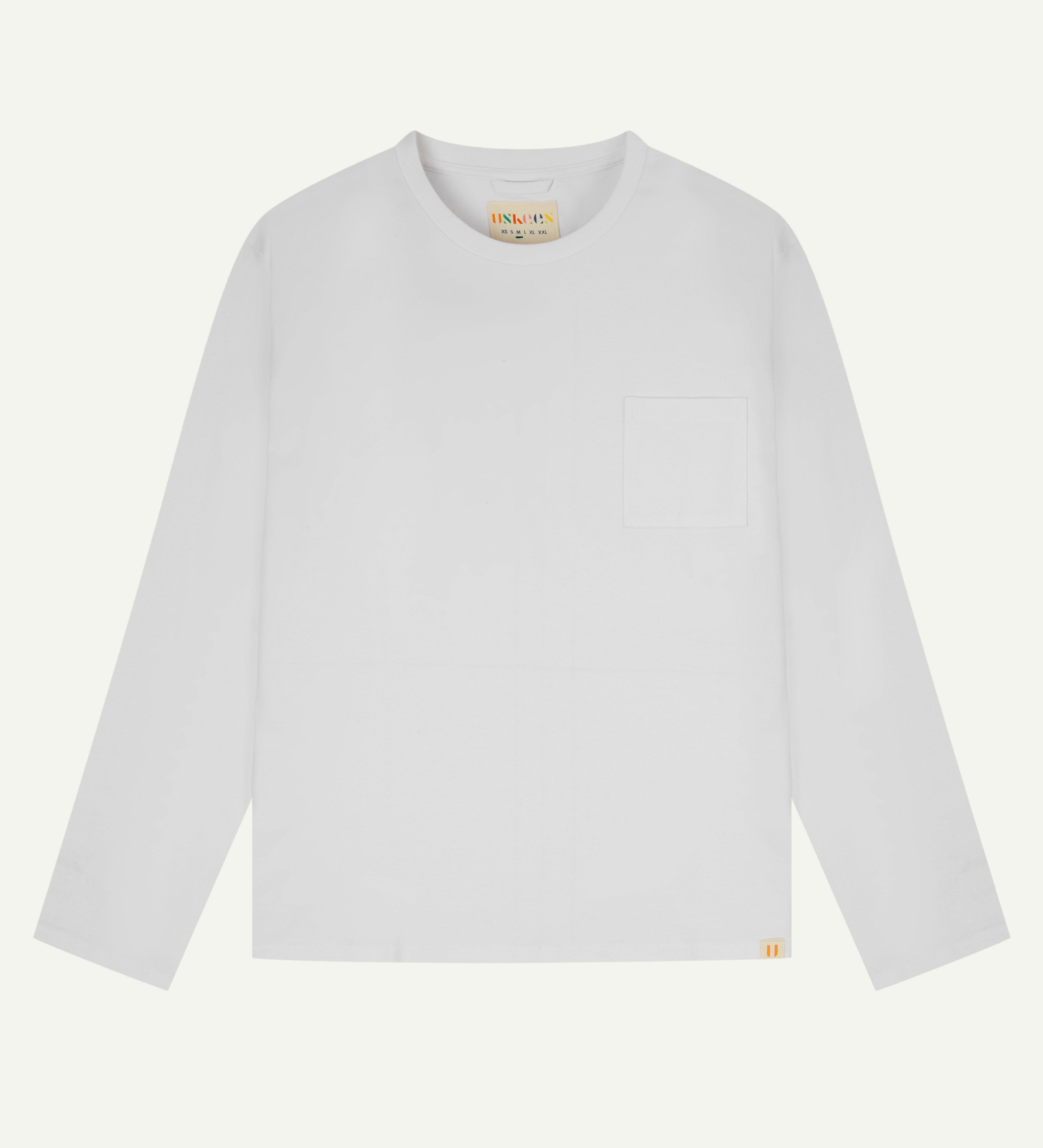 Front flat shot of white cotton uskees long sleeved T-shirt for men.
