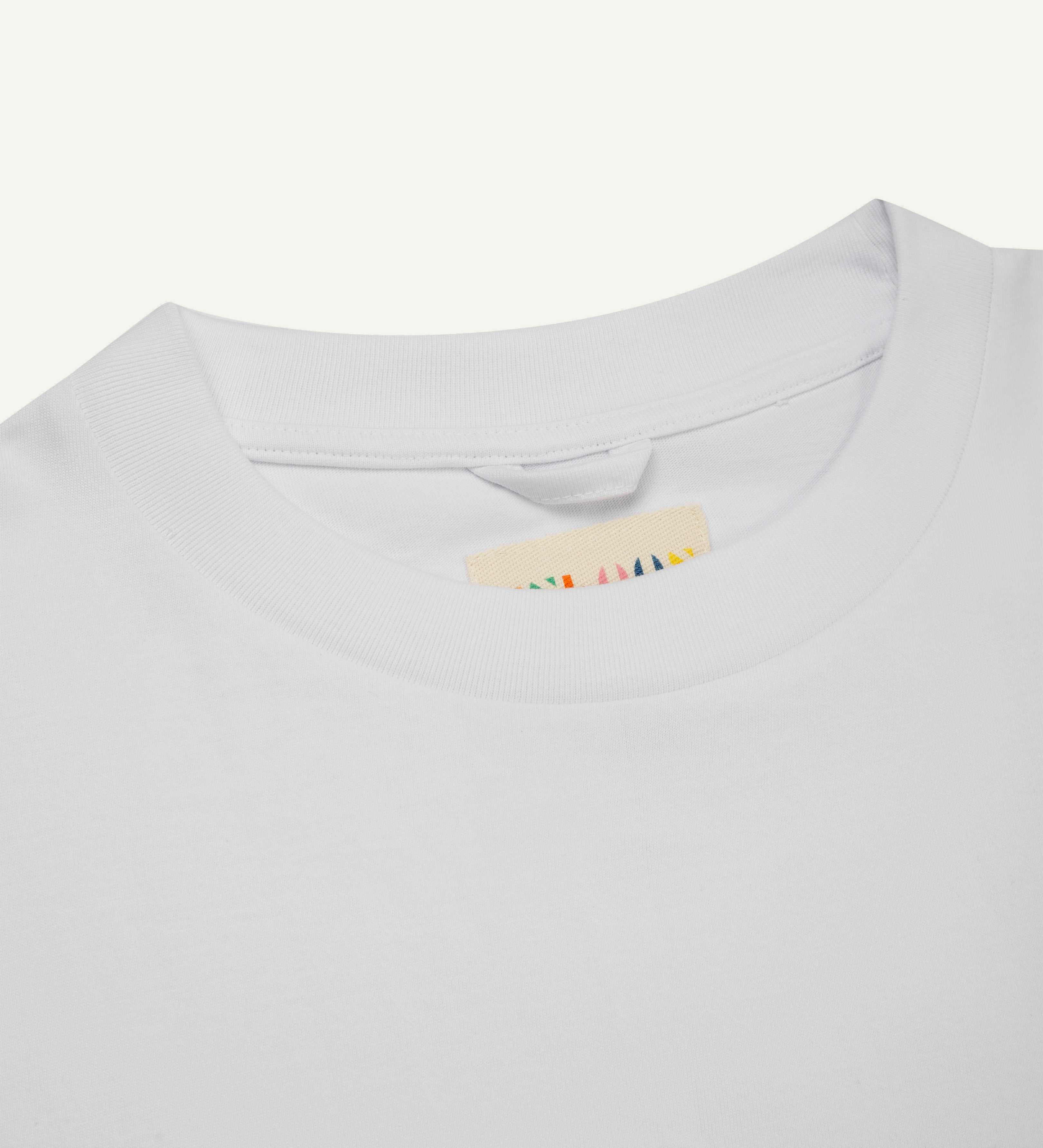 Close-up view of neck - men's white oversized organic cotton T-shirt by Uskees
