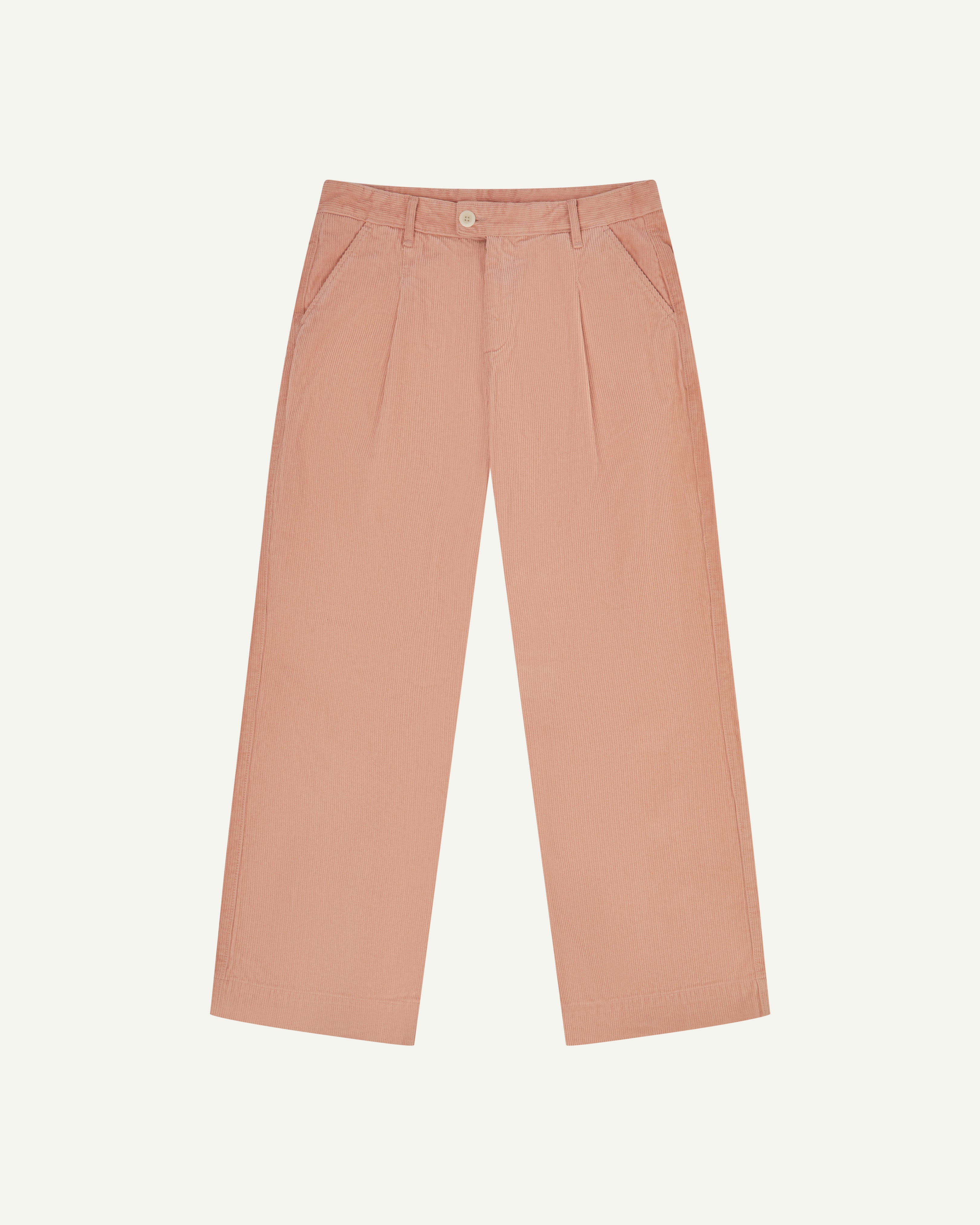 Front flat shot of #5018 Uskees men's organic corduroy boat trousers in dusty pink showing wide leg style