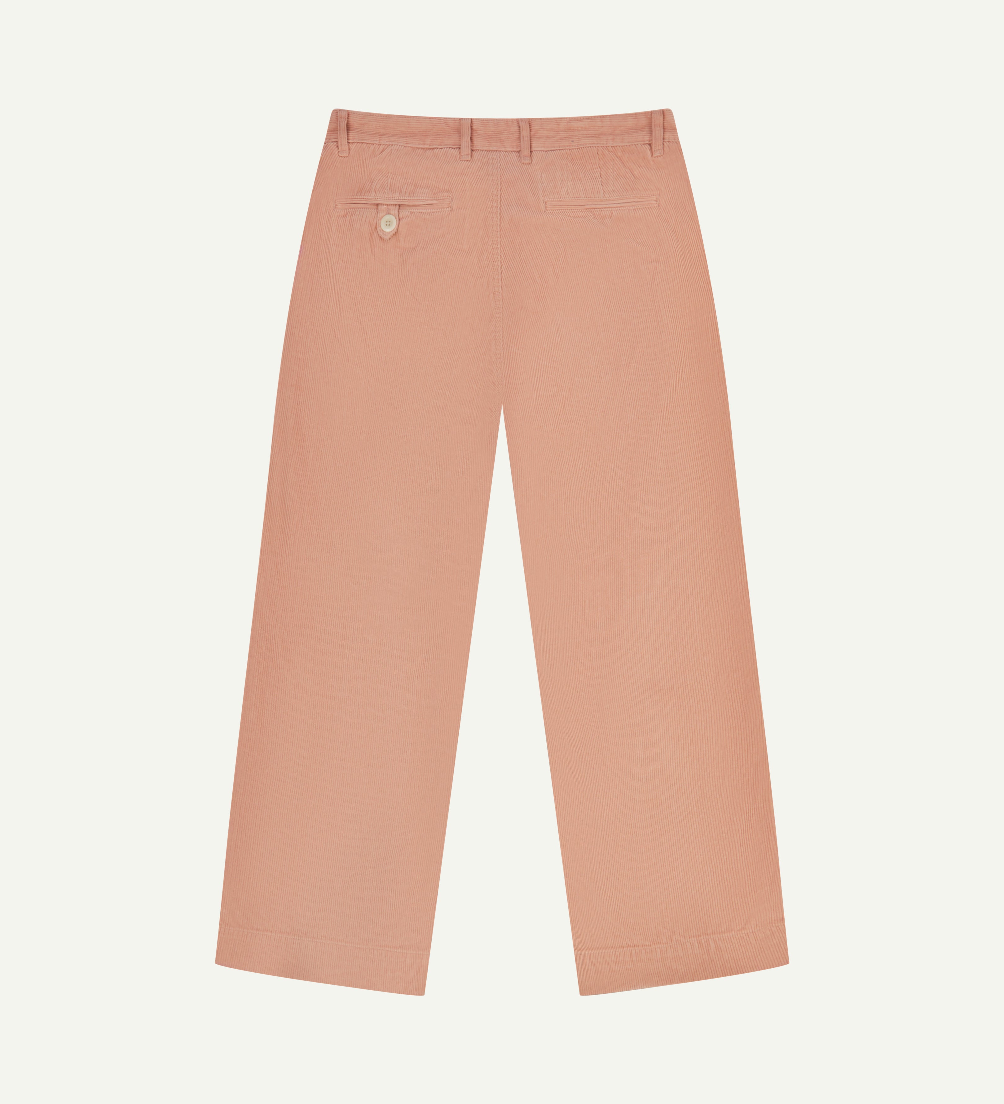 Back view of #5018 Uskees men's organic corduroy boat trousers in dusty pink showing wide leg style and buttoned back pocket.