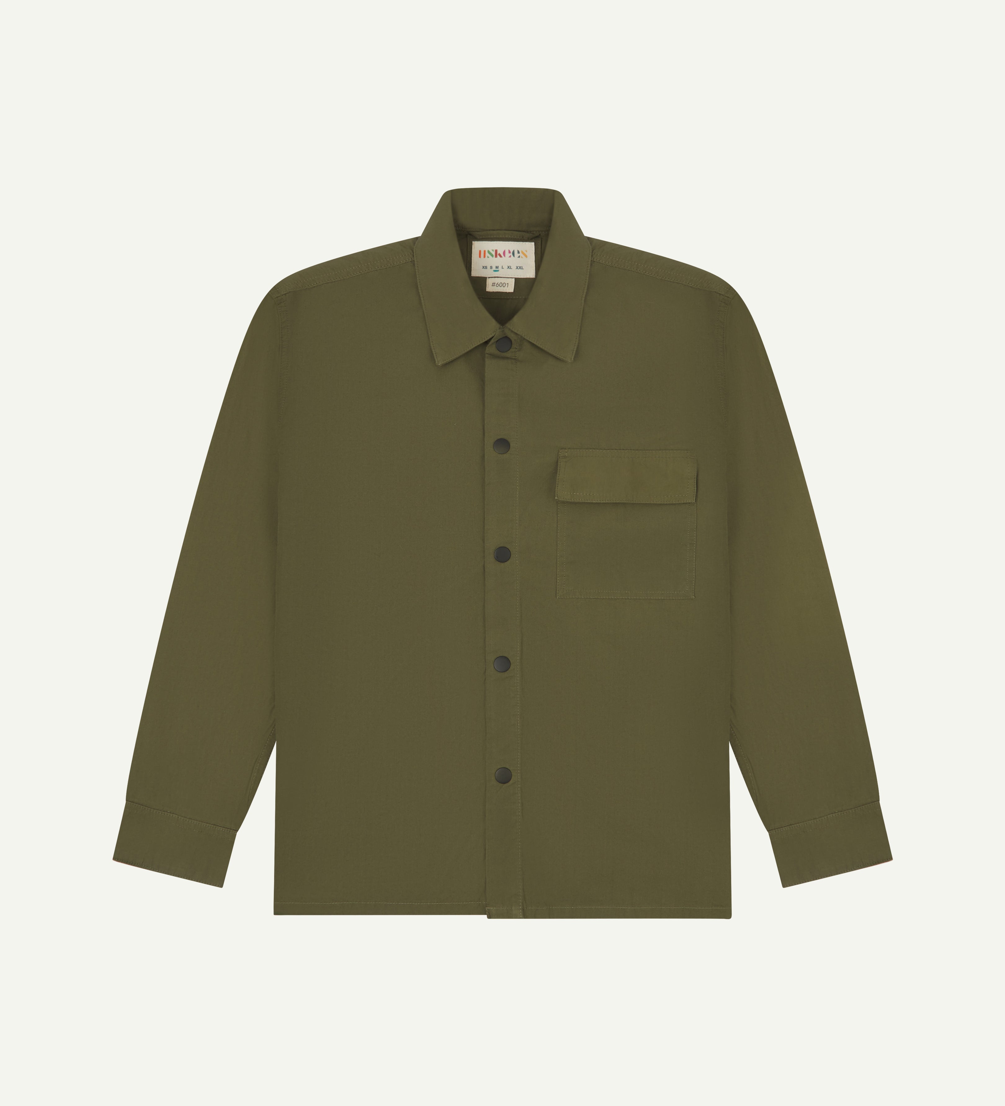 front flat shot of  men's olive green uskees lightweight shirt with black popper front fastening