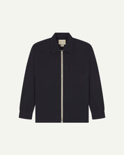 flat front shot of uskees zip front lightweight men's jacket in dark blue showing the brand/size label.