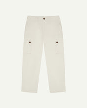 Front flat view of #5014 Uskees men's organic cotton cream cargo trousers showing contrast brown corozo buttons on pockets