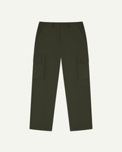 Front flat view of #5014 Uskees men's organic cotton dark green cargo trousers showing corozo buttons on pockets