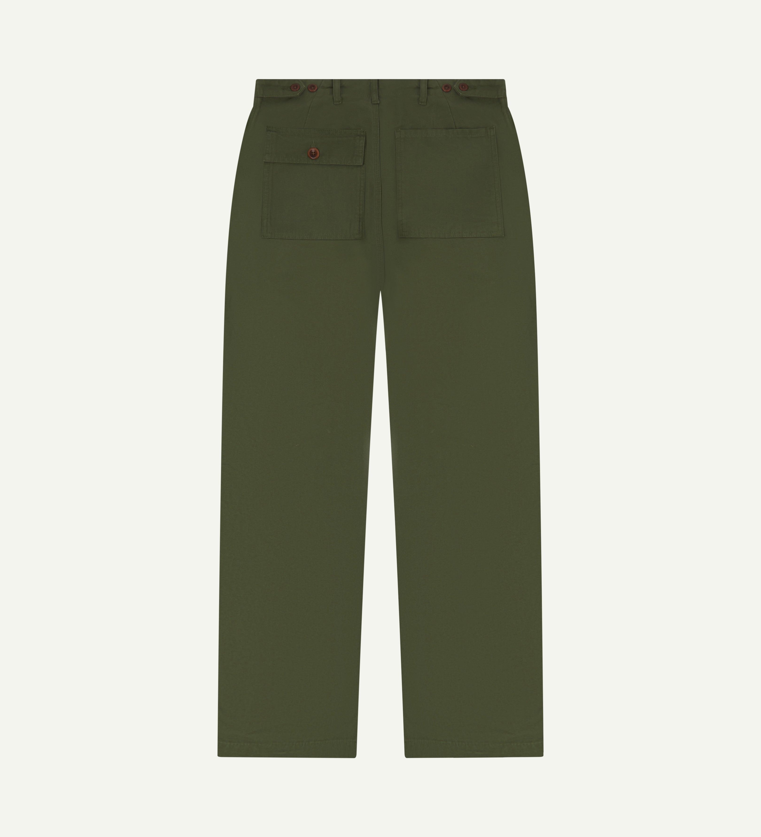 Back view of #5005 Uskees organic cotton mid-green men's trousers on white background.