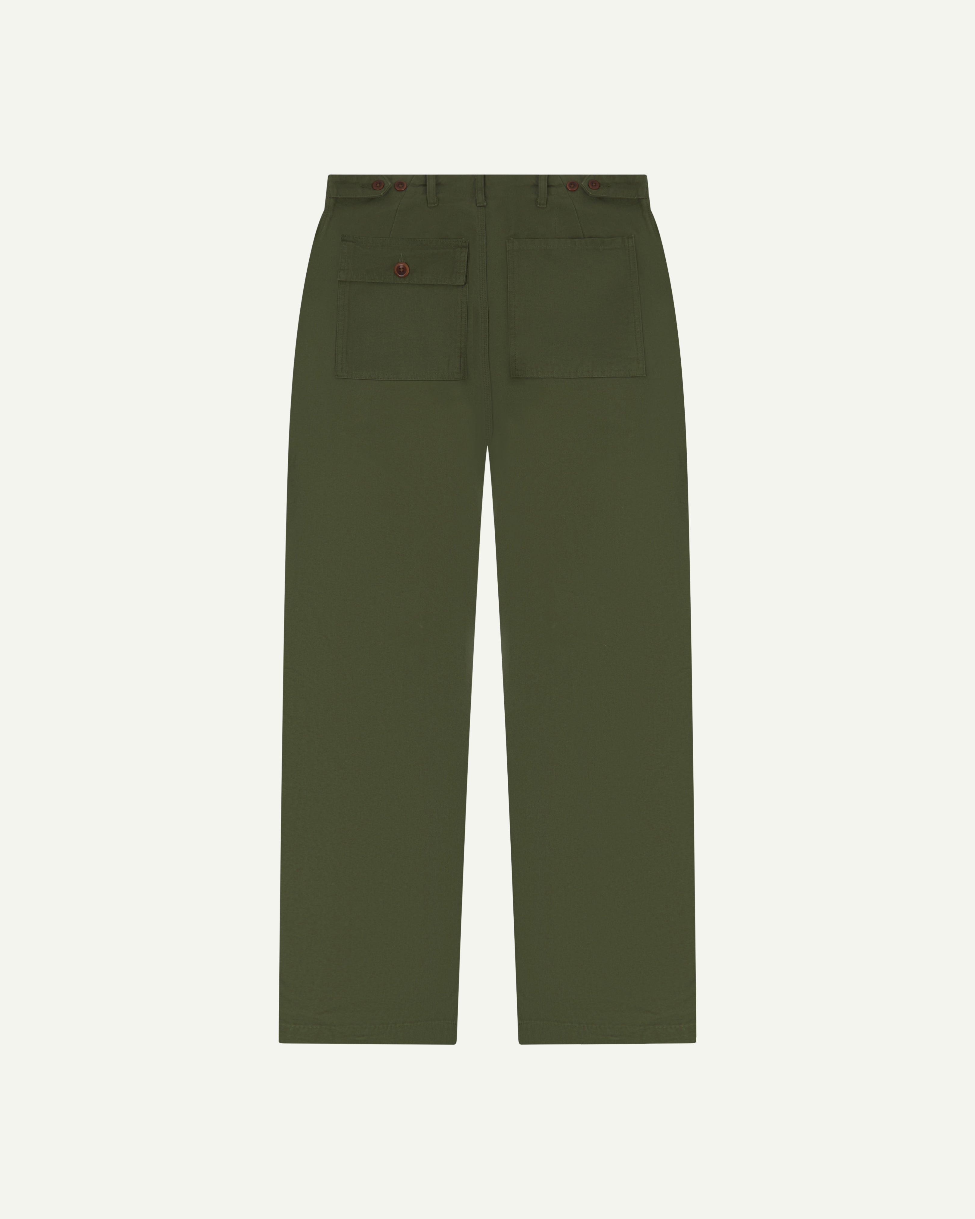 Back view of #5005 Uskees organic cotton mid-green men's trousers on white background.