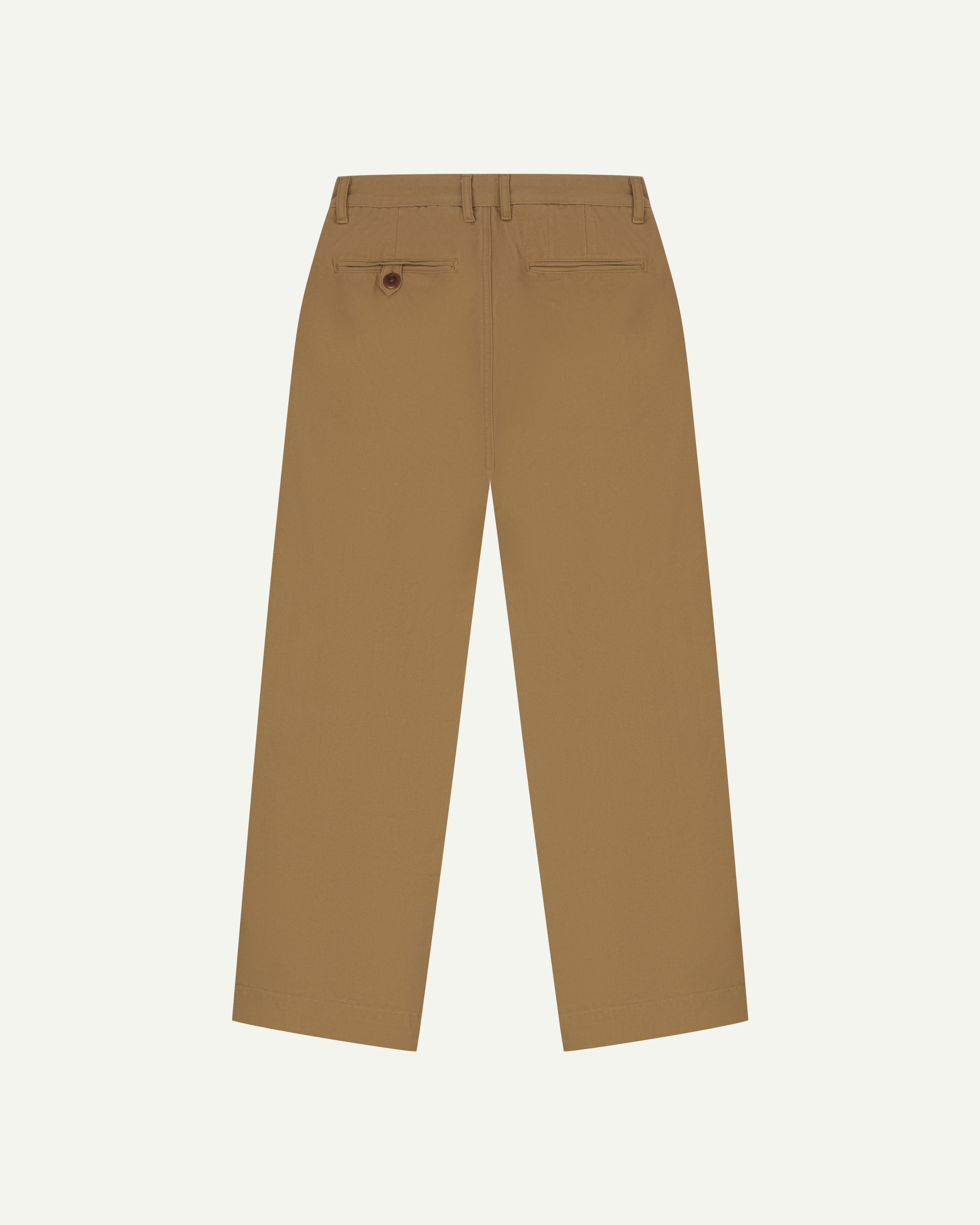 Back view of #5018 Uskees men's organic mid-weight cotton boat trousers in khaki showing wide leg style and buttoned back pocket
