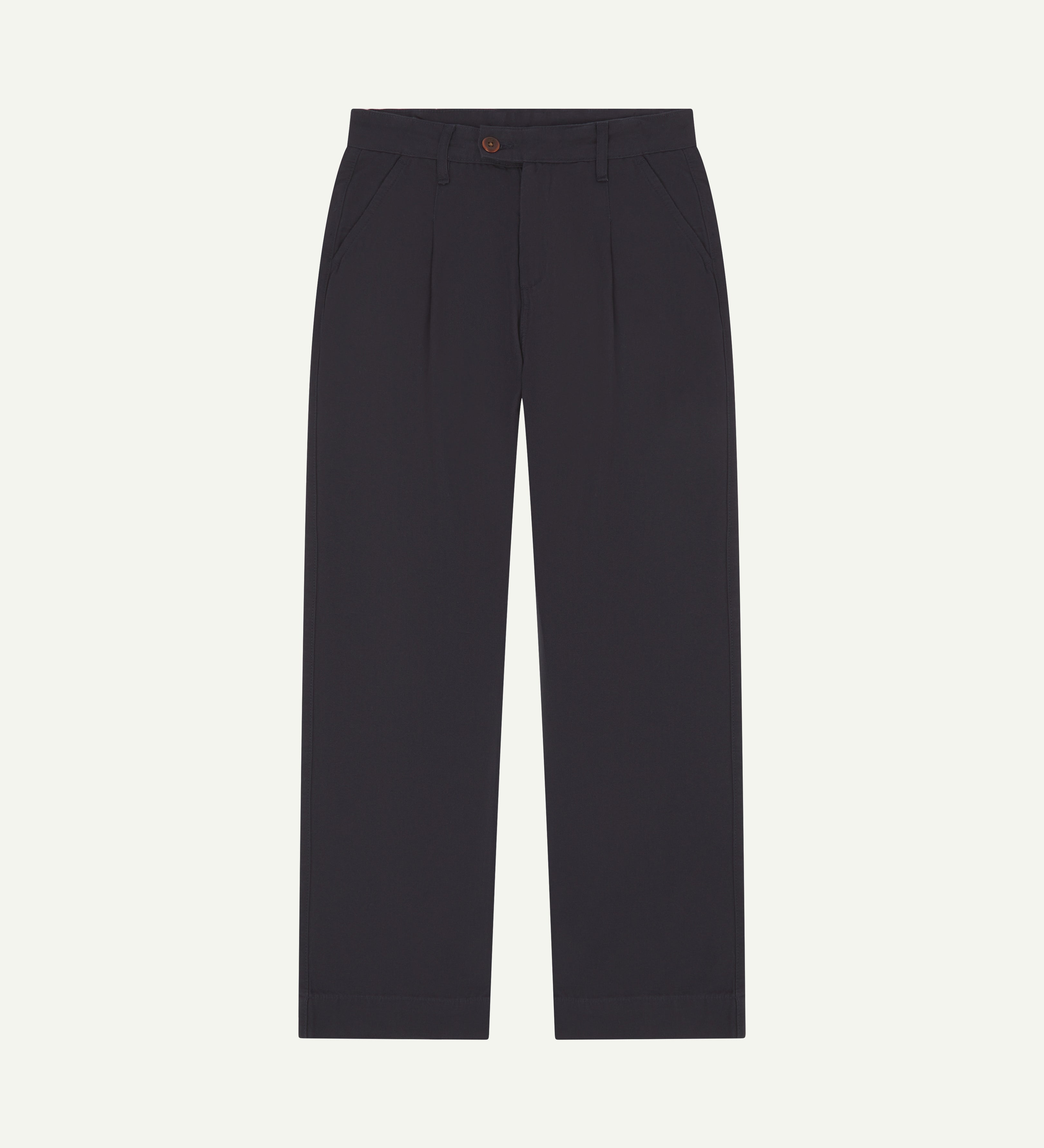 Front flat shot of #5018 Uskees men's organic mid-weight cotton boat trousers in navy blue showing wide leg style