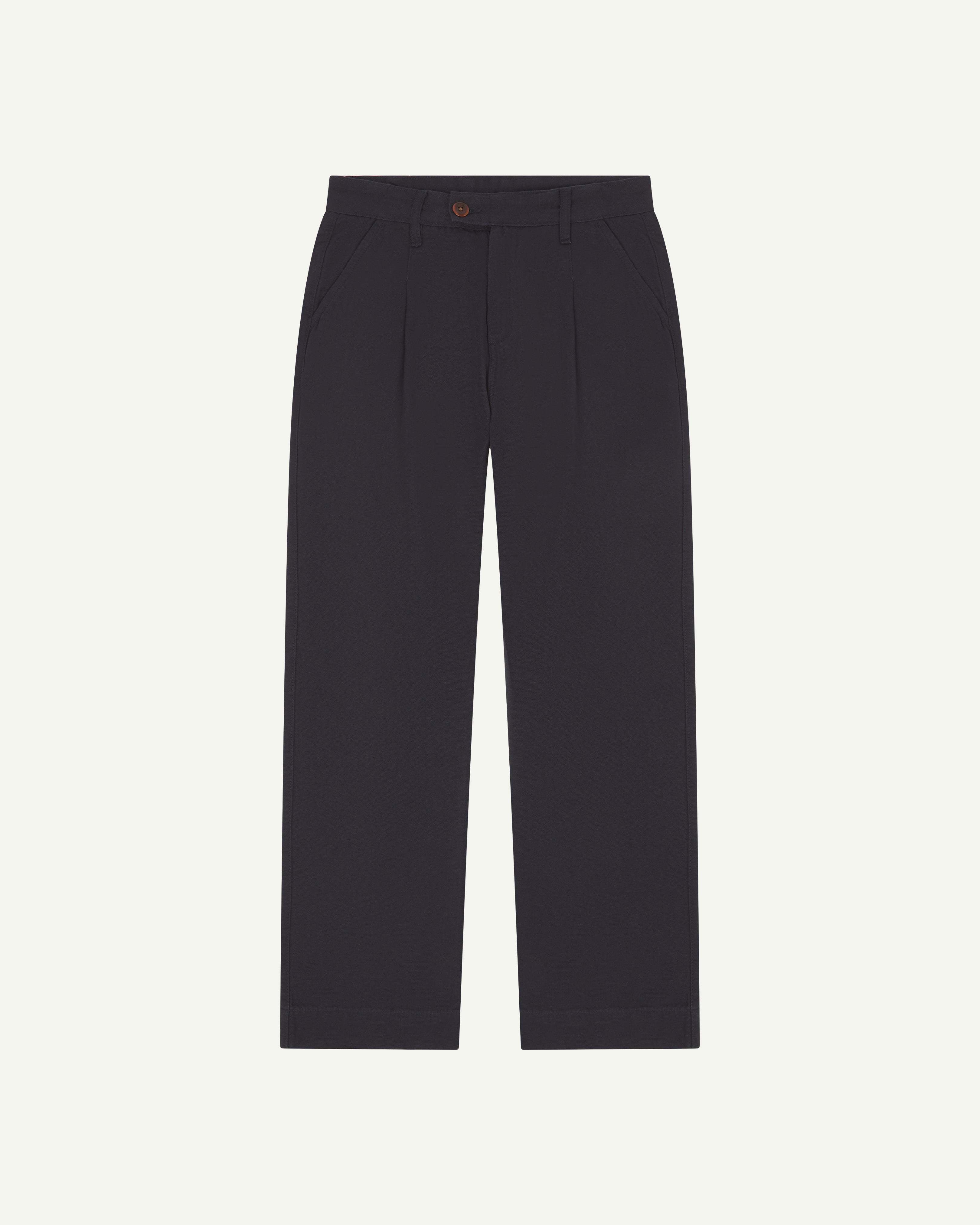 Front flat shot of #5018 Uskees men's organic mid-weight cotton boat trousers in navy blue showing wide leg style