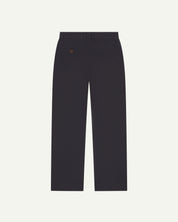 Back view of #5018 Uskees men's organic mid-weight cotton boat trousers in navy blue showing wide leg style and buttoned back pocket.