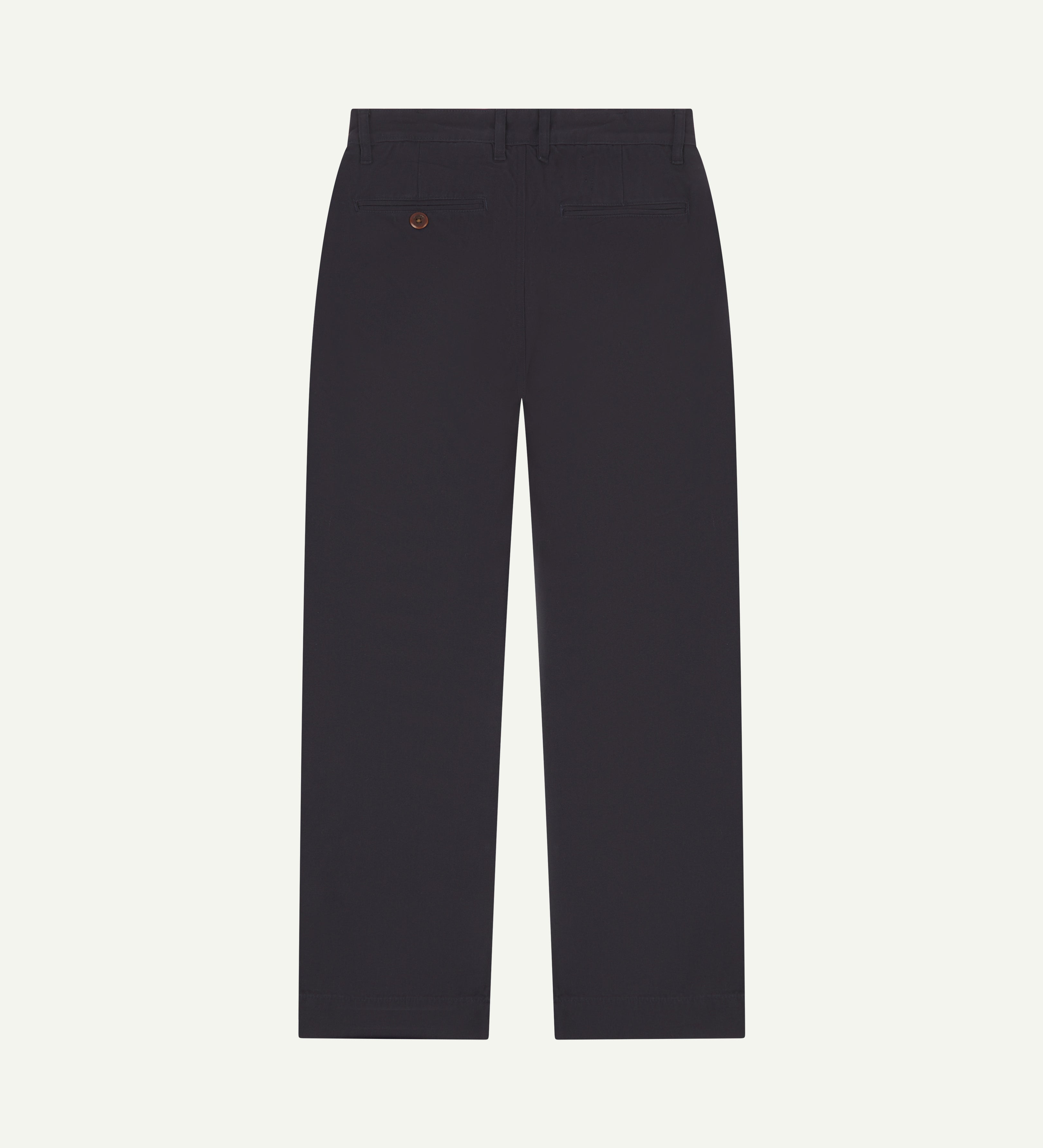 Back view of #5018 Uskees men's organic mid-weight cotton boat trousers in navy blue showing wide leg style and buttoned back pocket.